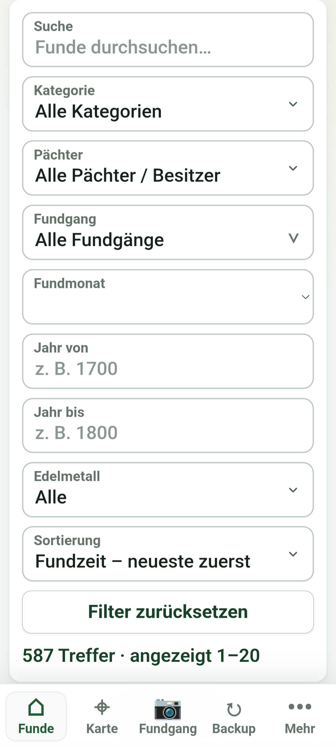 Filter view for searching the find collection