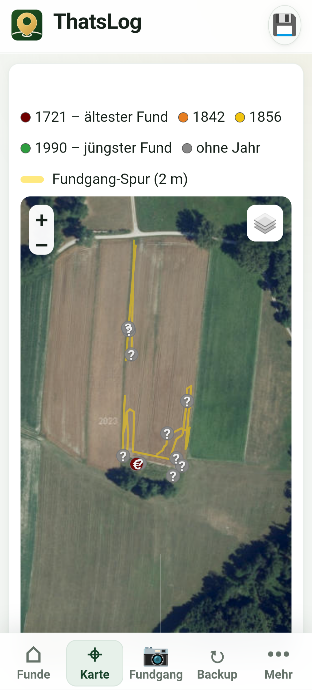 Map view with find points and a recorded detecting-trip track