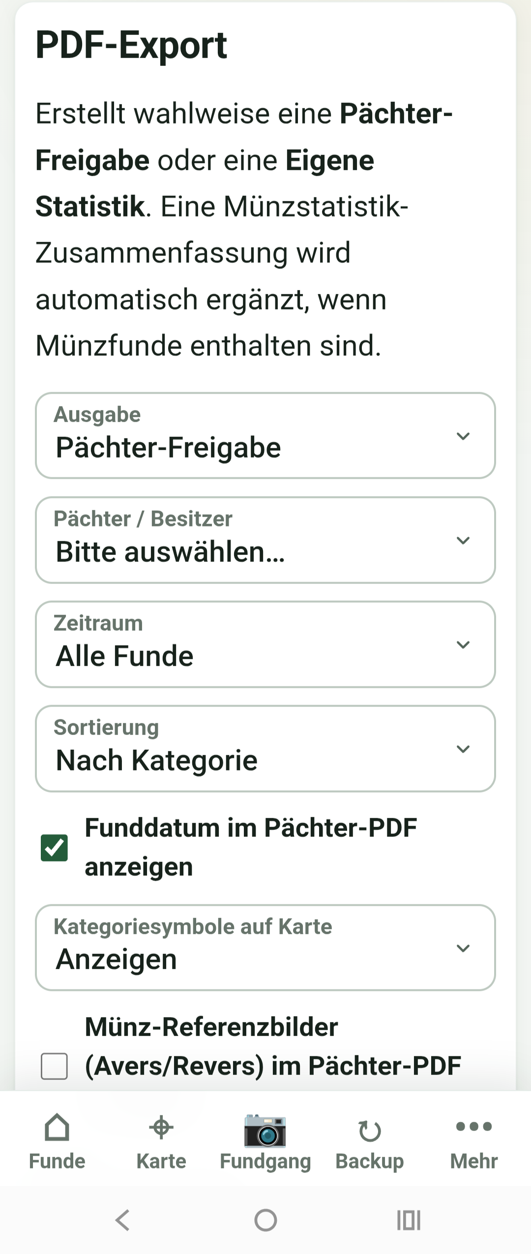 Settings for exporting finds as a PDF