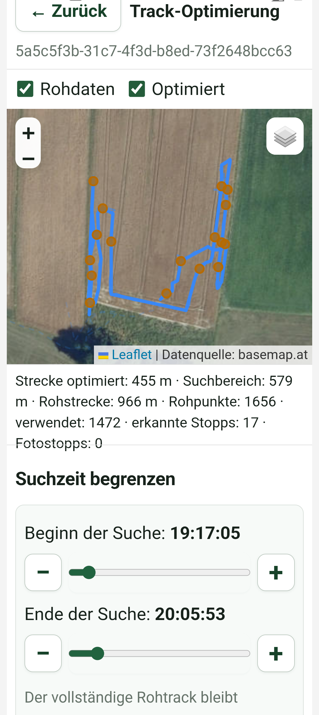 Track optimization with raw data, optimized route, and detected stops